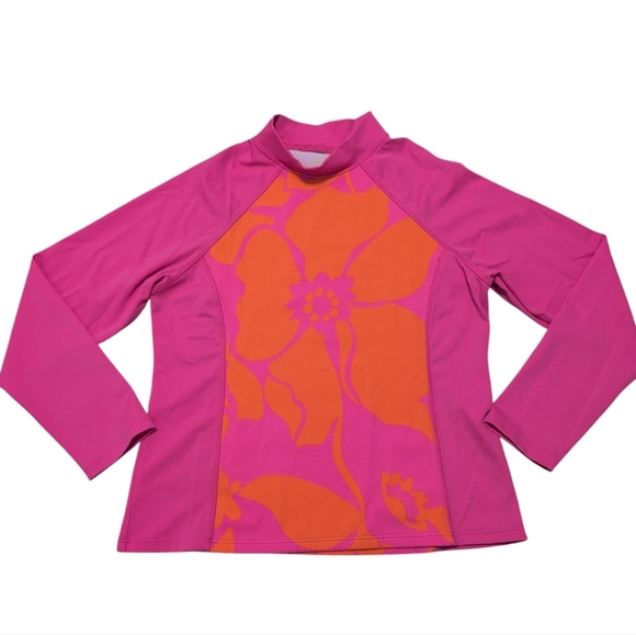 Lands End Girls Rash Guard Long Sleeve Pink Orange Hawaiian Flower Medium - Picture 1 of 7
